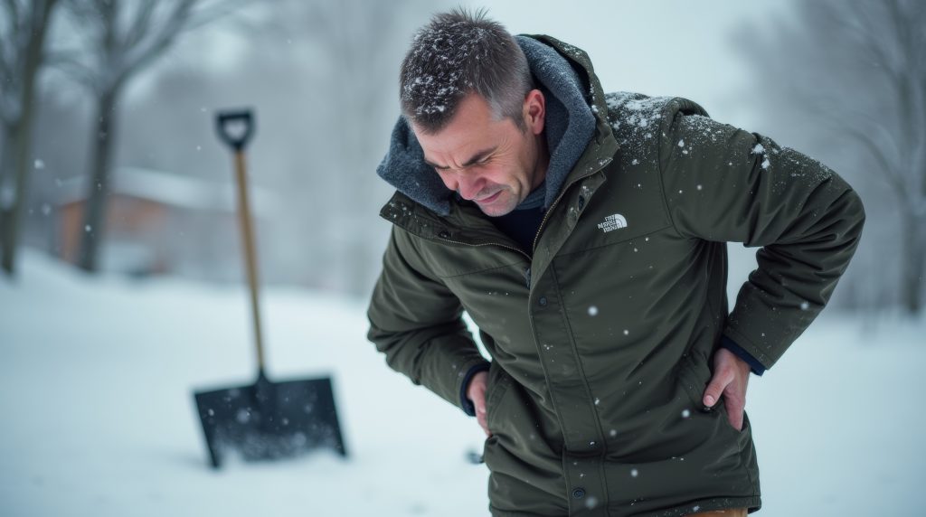 man with backpain from shoveling snow