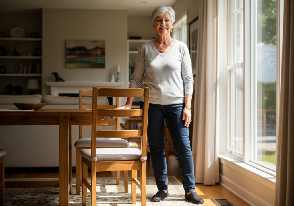 Older woman standing at her kitchen counter